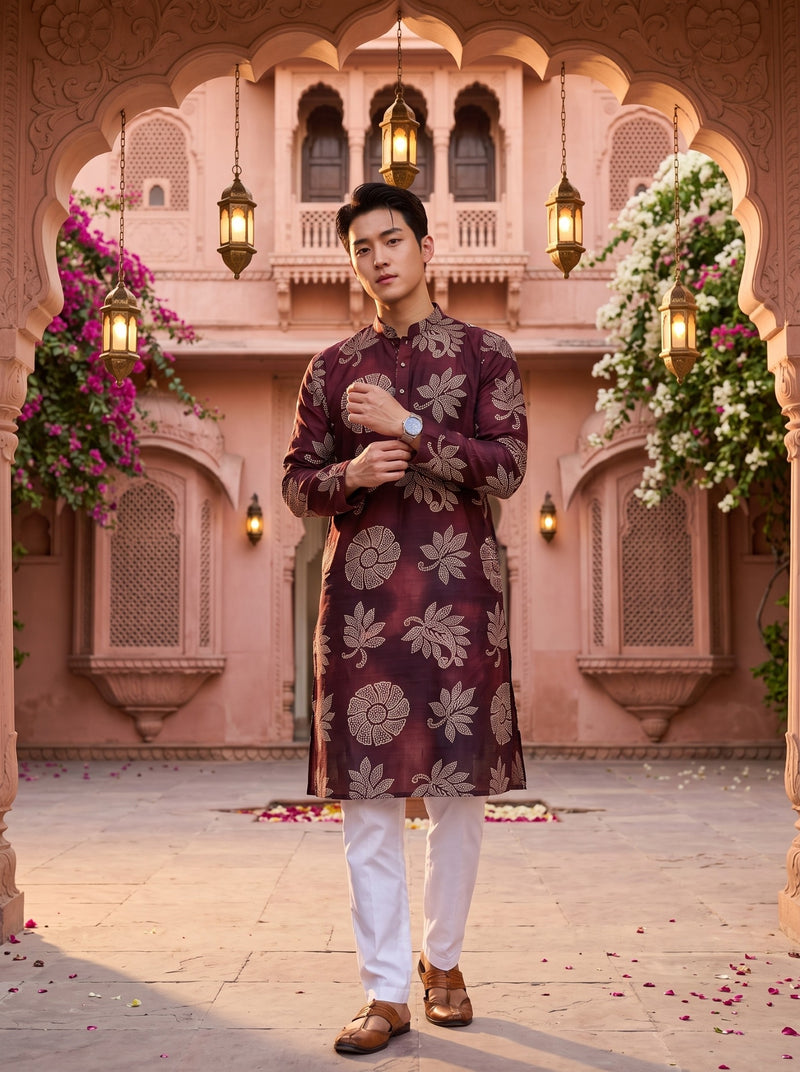 Men's Wine Maroon Beige Botanical Print Viscose Rayon Blend Kurta 3