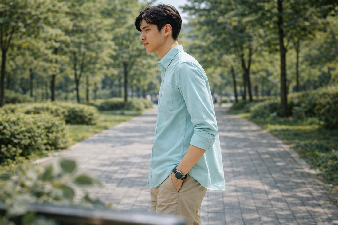 Men's mint blue slim-fit casual shirt, product view