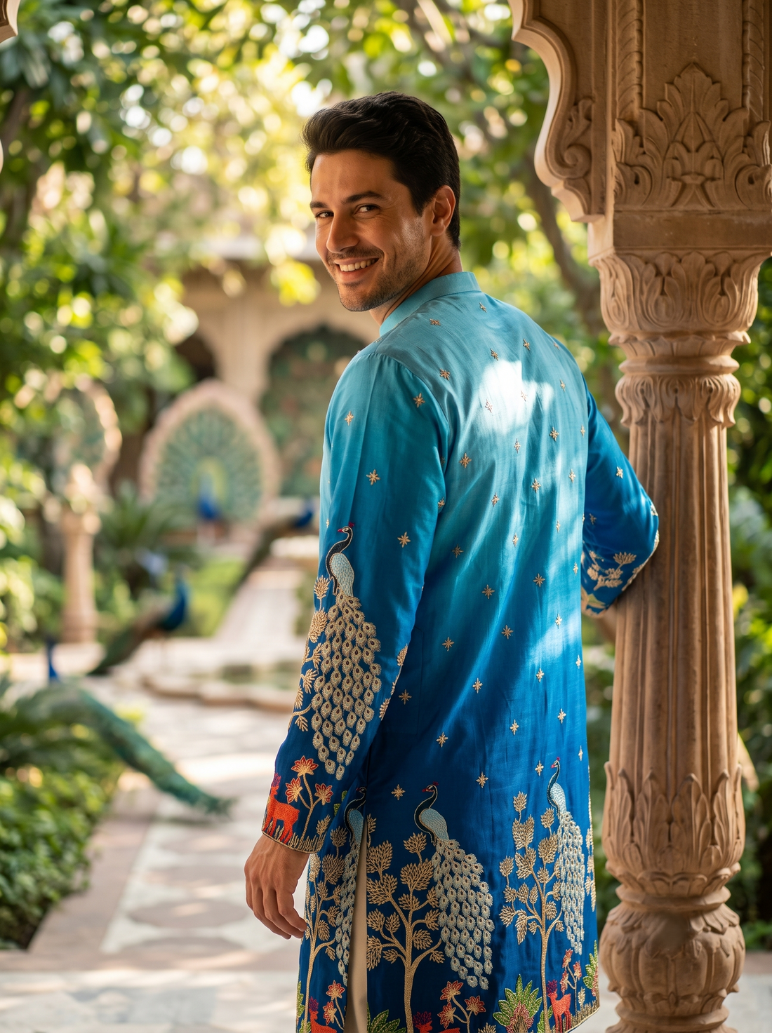 Men's Ombre Blue Peacock & Forest Embroidered Art Silk Kurta