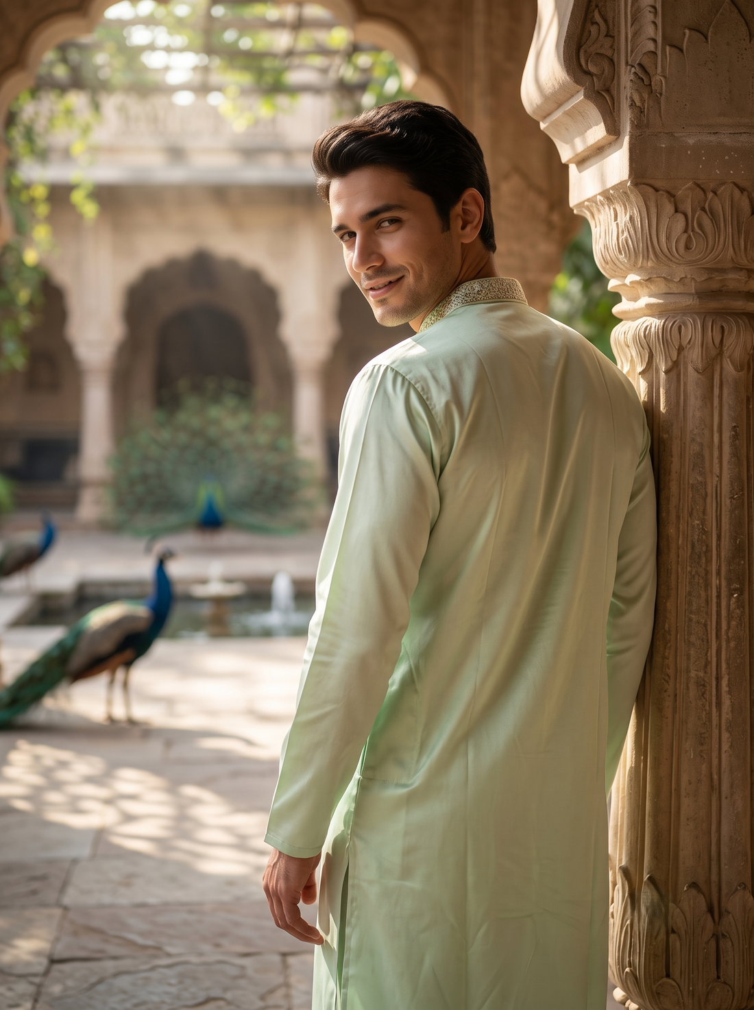 Men's Pistachio Green Embroidered Art Silk Kurta