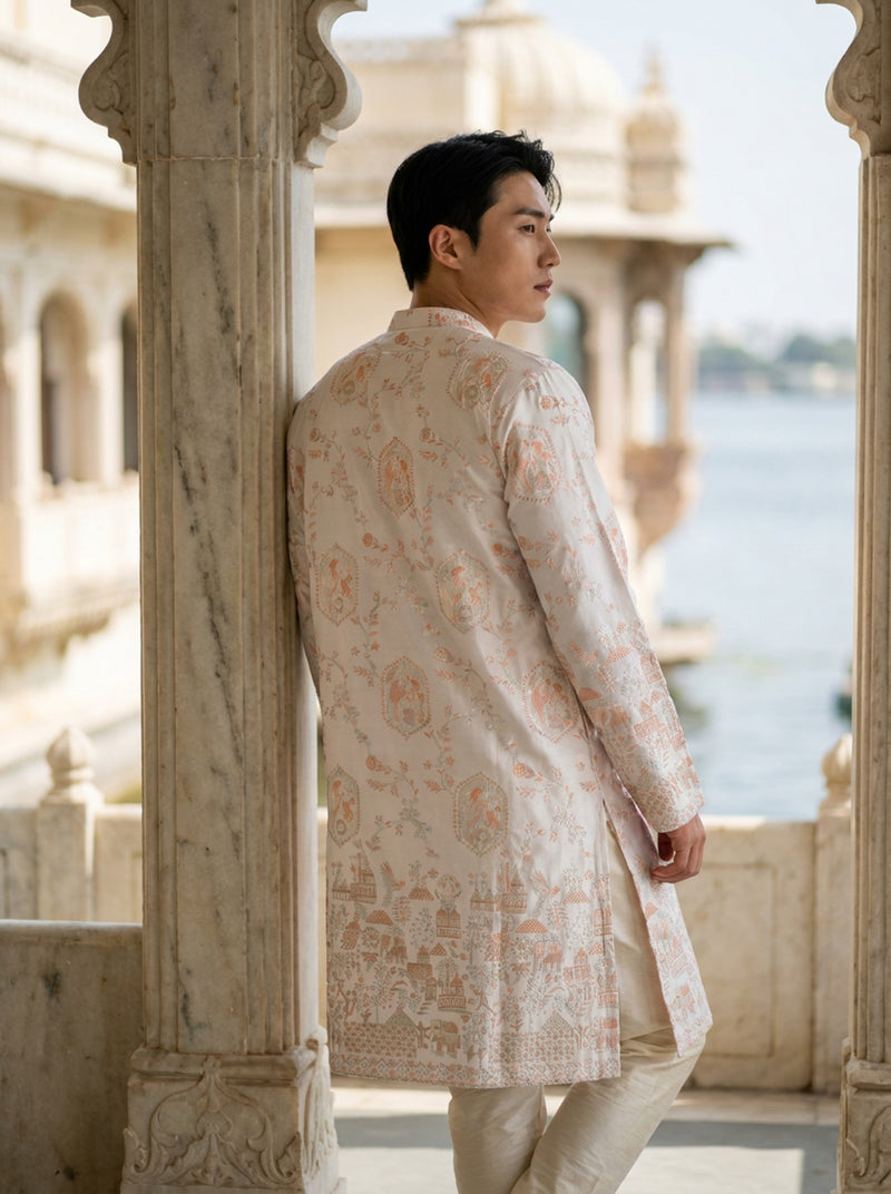 Men's Ivory Embroidered Art Silk Blend Festive Kurta 4