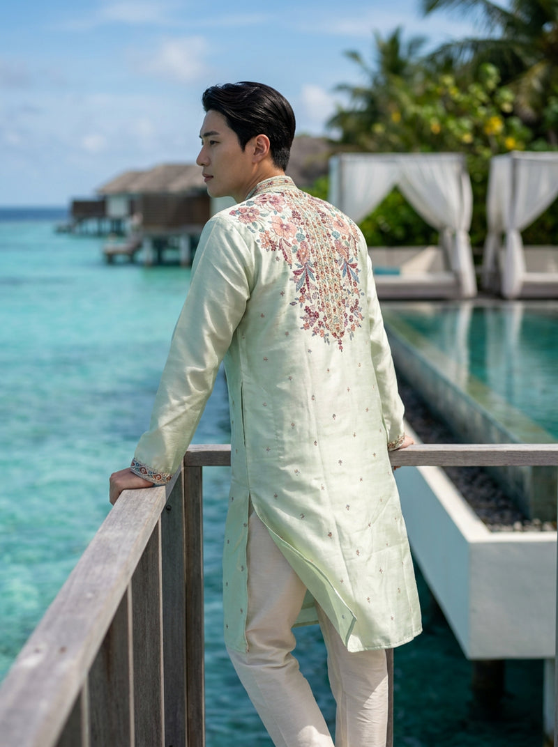 Men's Mint Green Art Silk Embroidered Festive Kurta 8