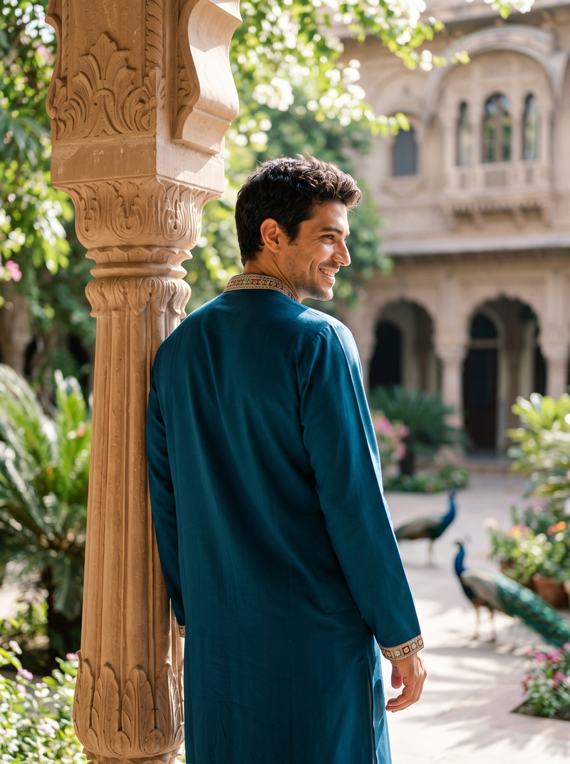 Men's Navy Floral Embroidered Art Silk Blend Kurta 9