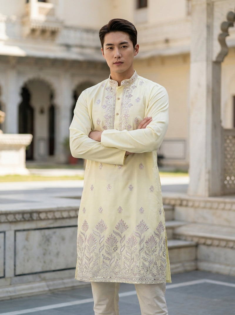 Men's Ivory Art Silk Blend Festive Embroidered Kurta 1