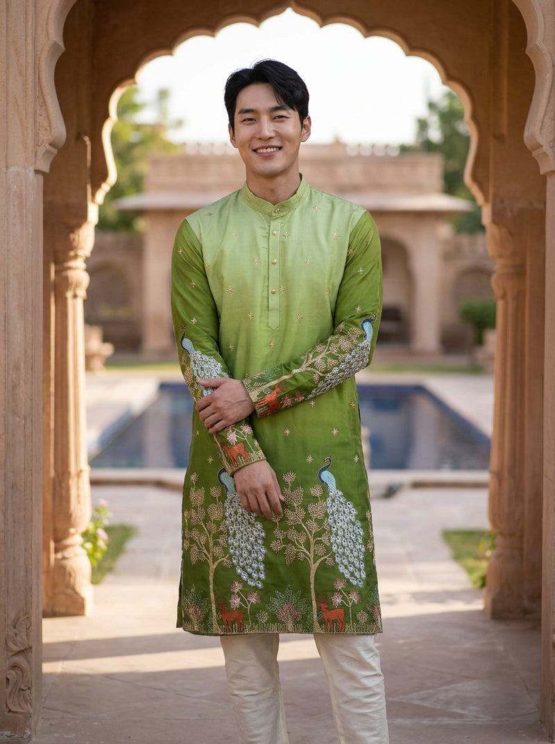 Men's Art Silk Ombre Green Tree of Life Embroidered Kurta 1