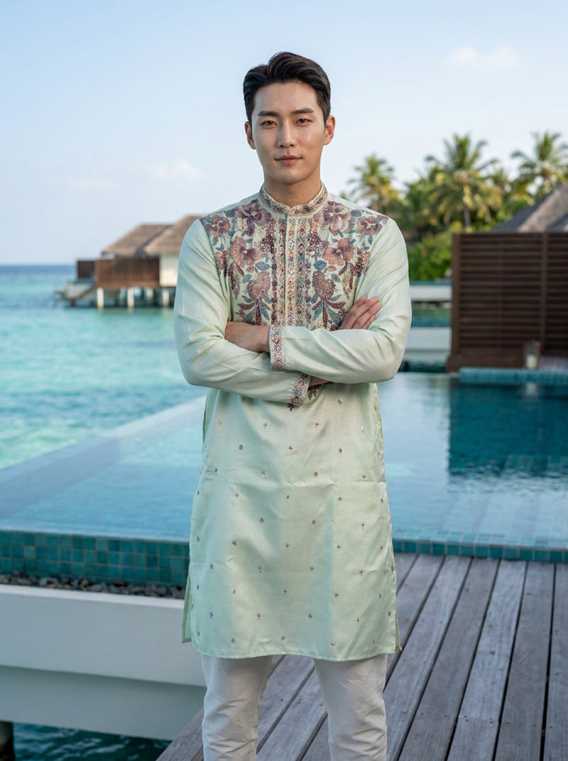 Men's Mint Green Art Silk Embroidered Festive Kurta 1