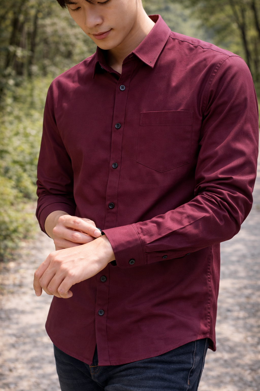Men's maroon slim-fit casual shirt, product view