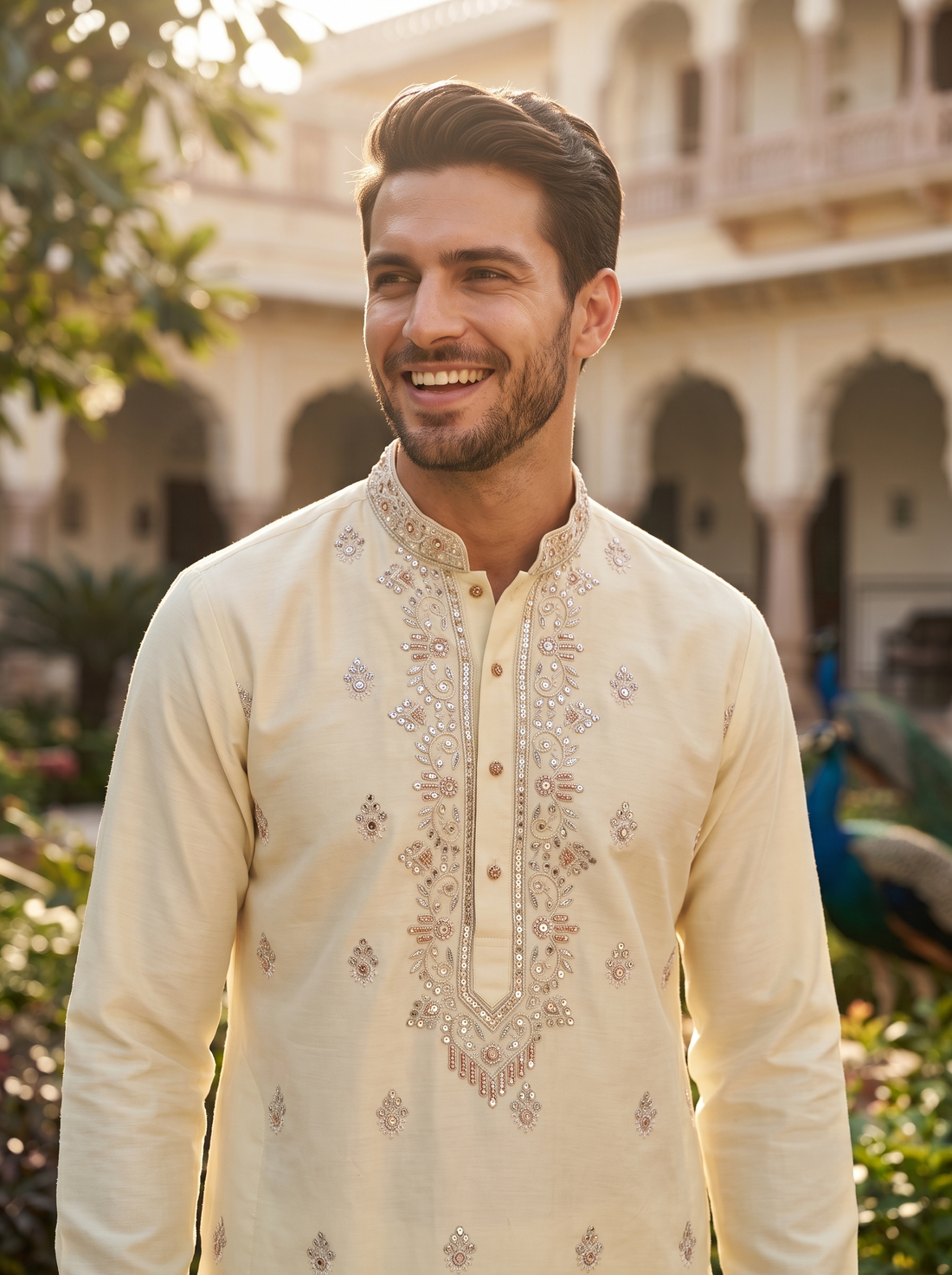 Men's Ivory Art Silk Blend Festive Embroidered Kurta