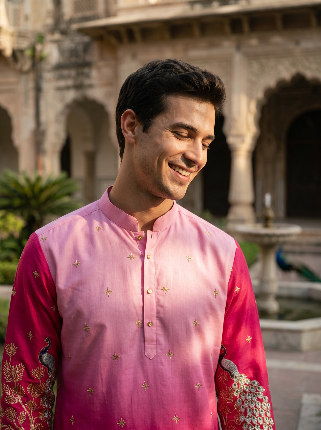 Men's Ombre Pink Peacock Embroidered Art Silk Kurta