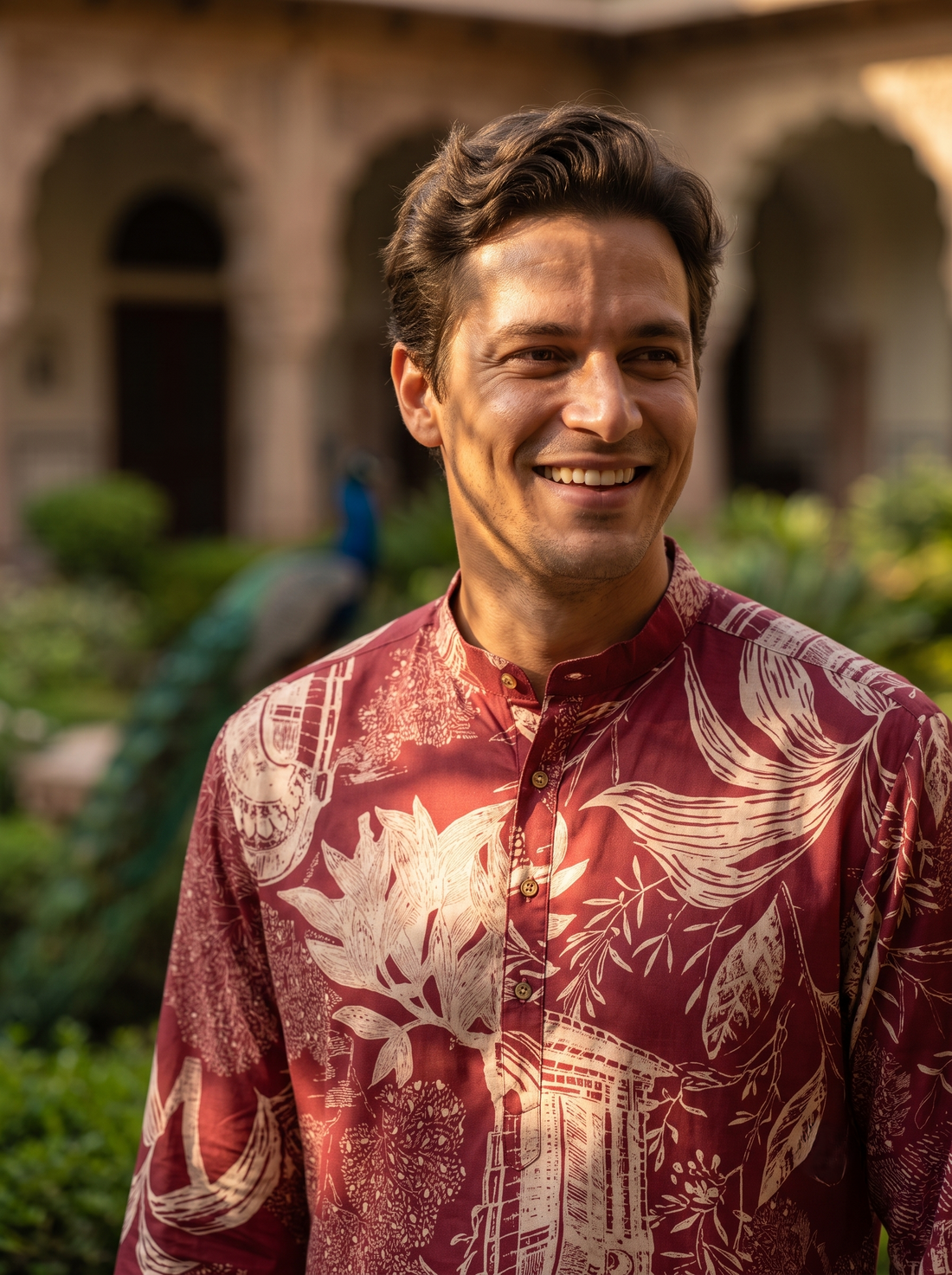 Men's maroon floral and architectural print art silk blend kurta