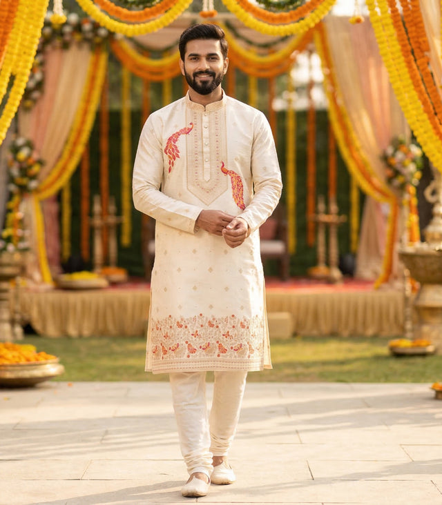 Men Cream Peacock Embroidered Ethnic Kurta with Floral Border