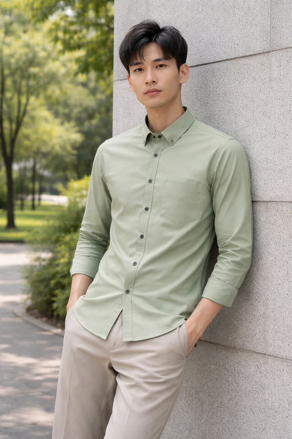Men's sage green slim-fit casual shirt, product view
