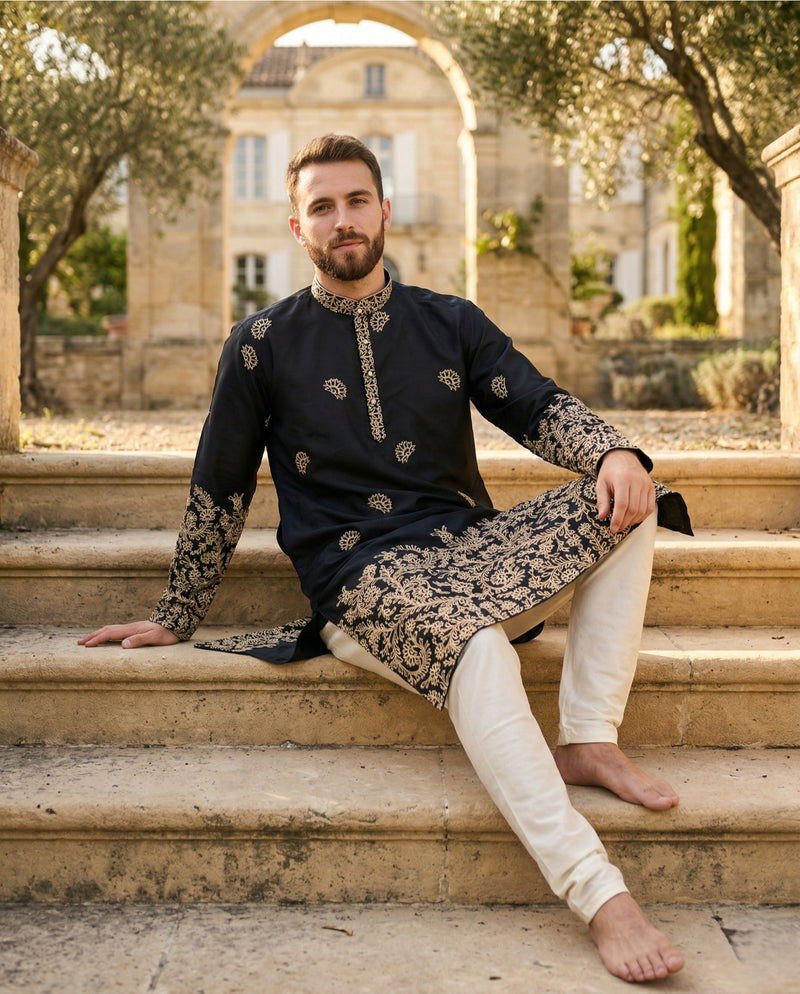 Men Black Embroidered Ethnic Kurta with Gold Detailing 4