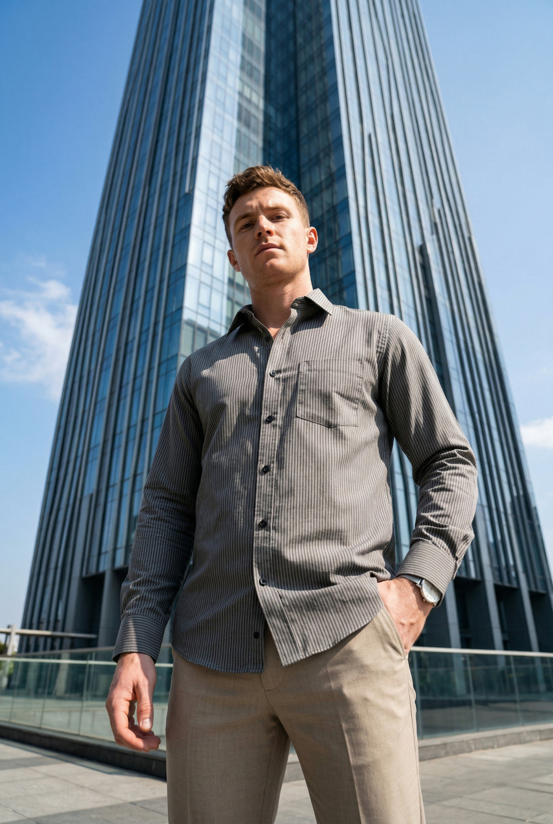 Men Grey Textured Striped Slim Fit Casual Shirt