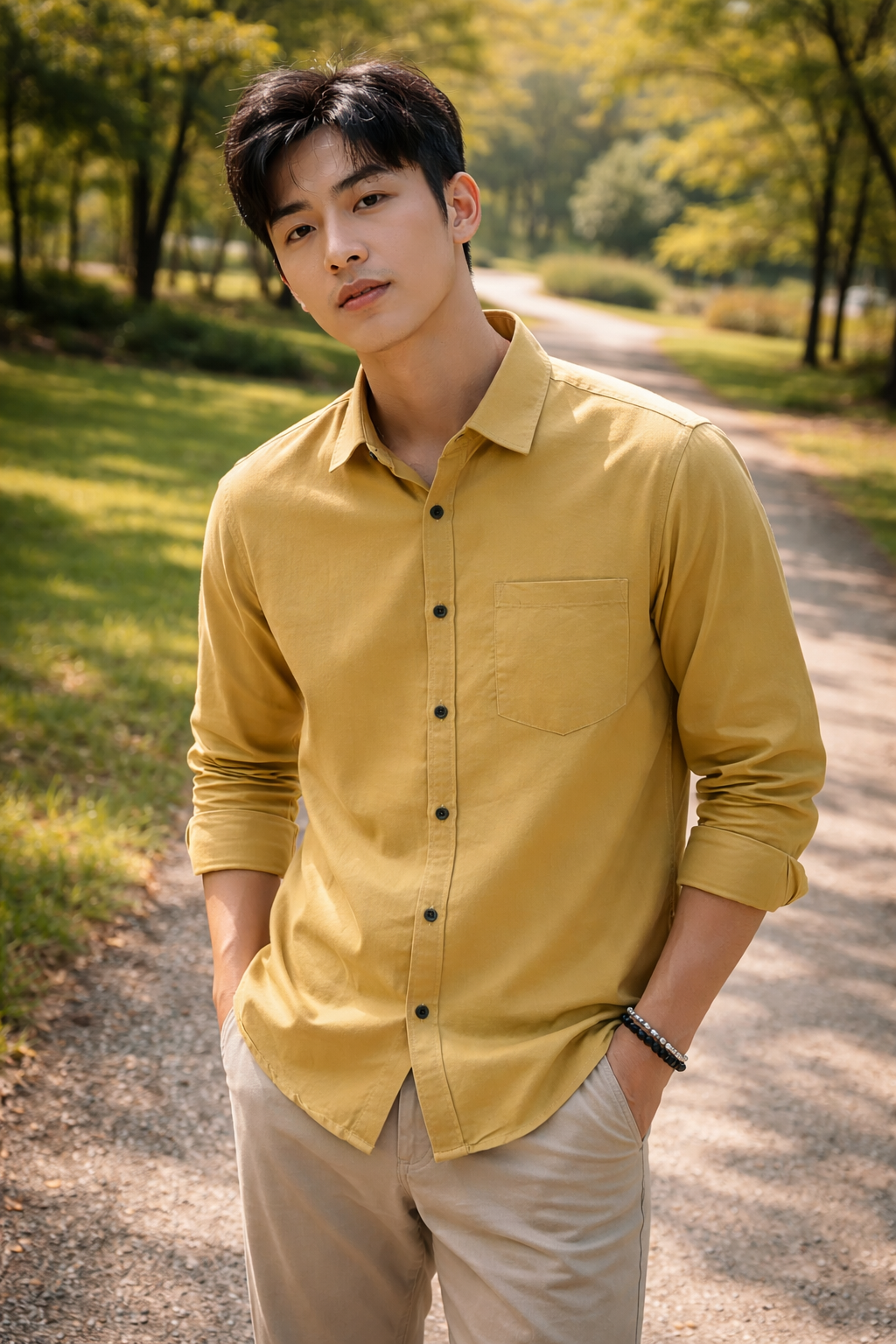 Men's mustard yellow slim-fit casual shirt, product view