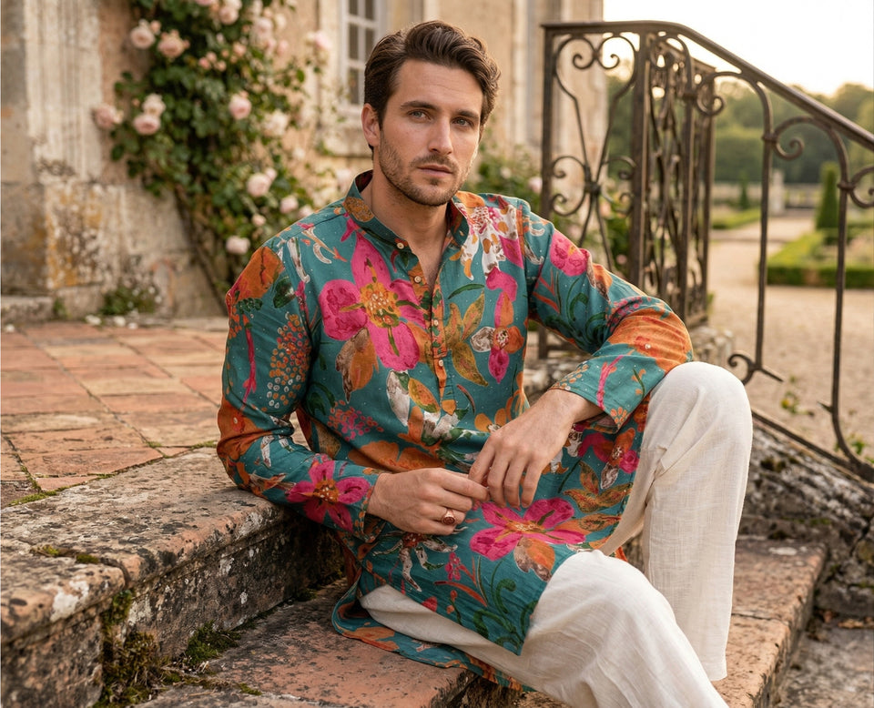 Men Teal Green Floral Printed Kurta