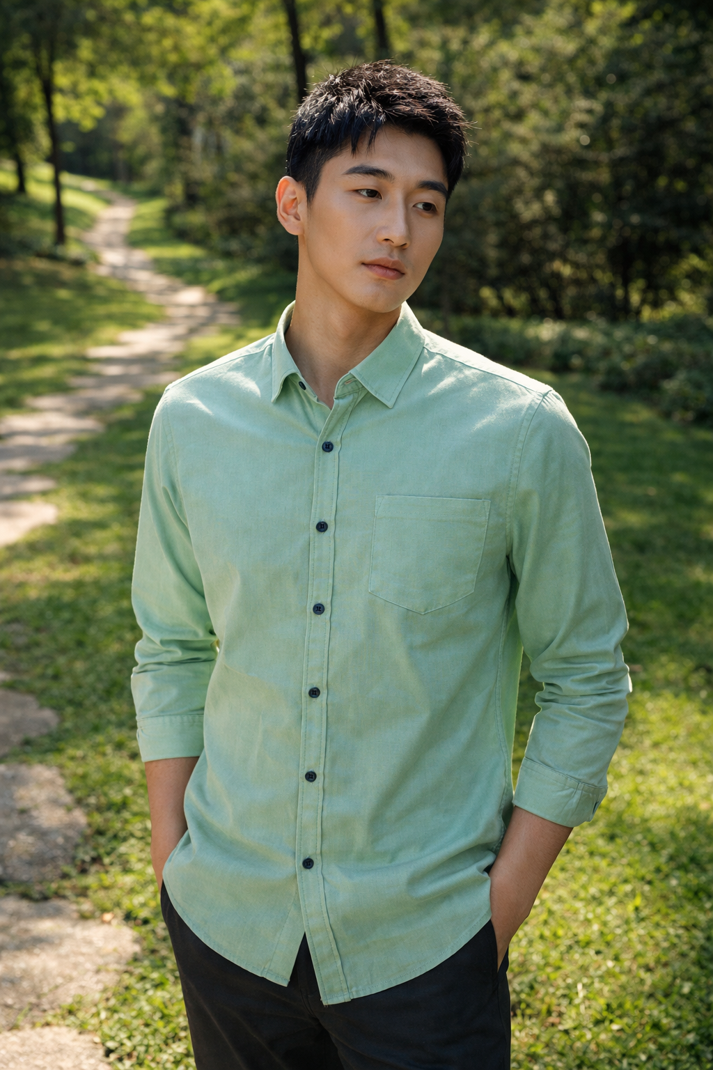Men's mint green slim-fit casual shirt, product view