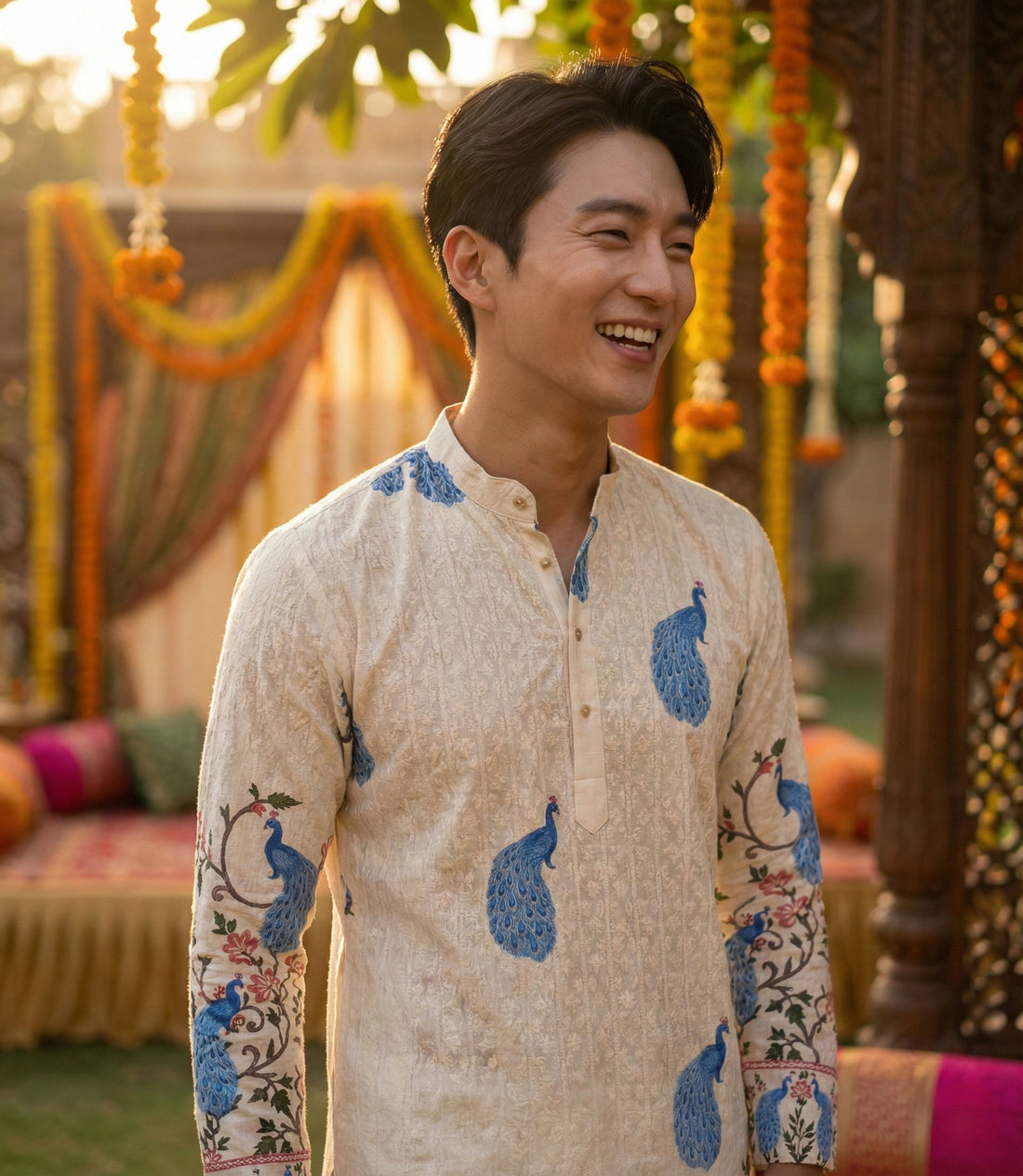 Men’s Cream Peacock Motif Printed Kurta
