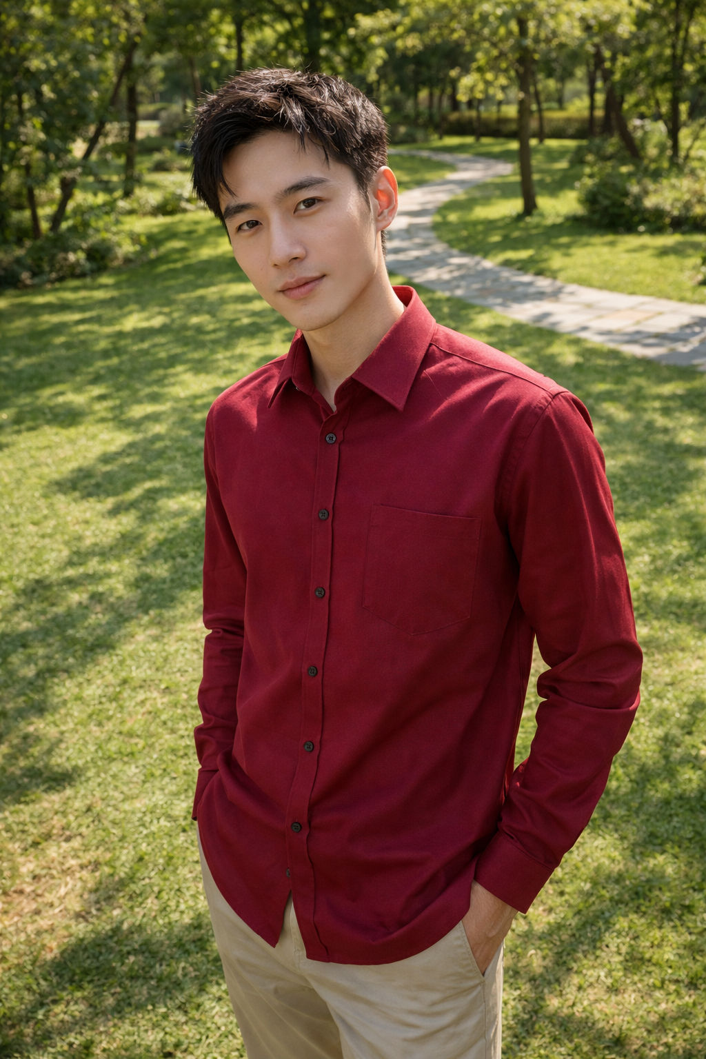 Men's red slim-fit casual shirt, product view