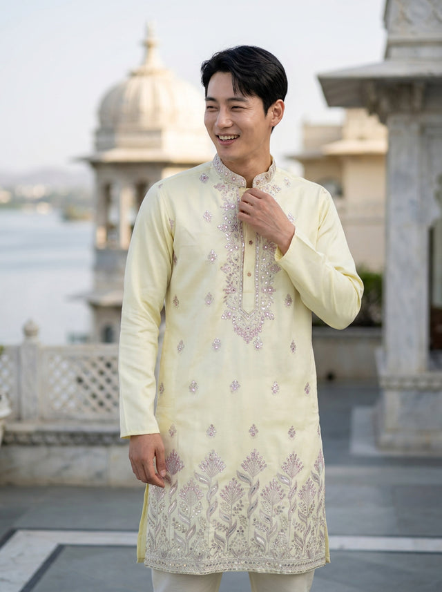 Men's Ivory Art Silk Blend Festive Embroidered Kurta
