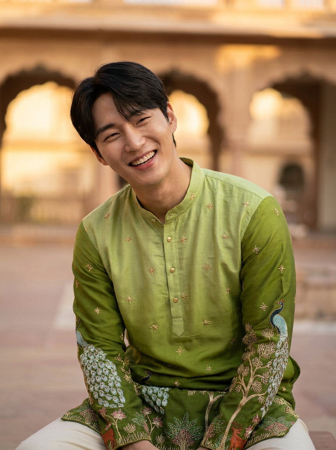 Men's Art Silk Ombre Green Tree of Life Embroidered Kurta