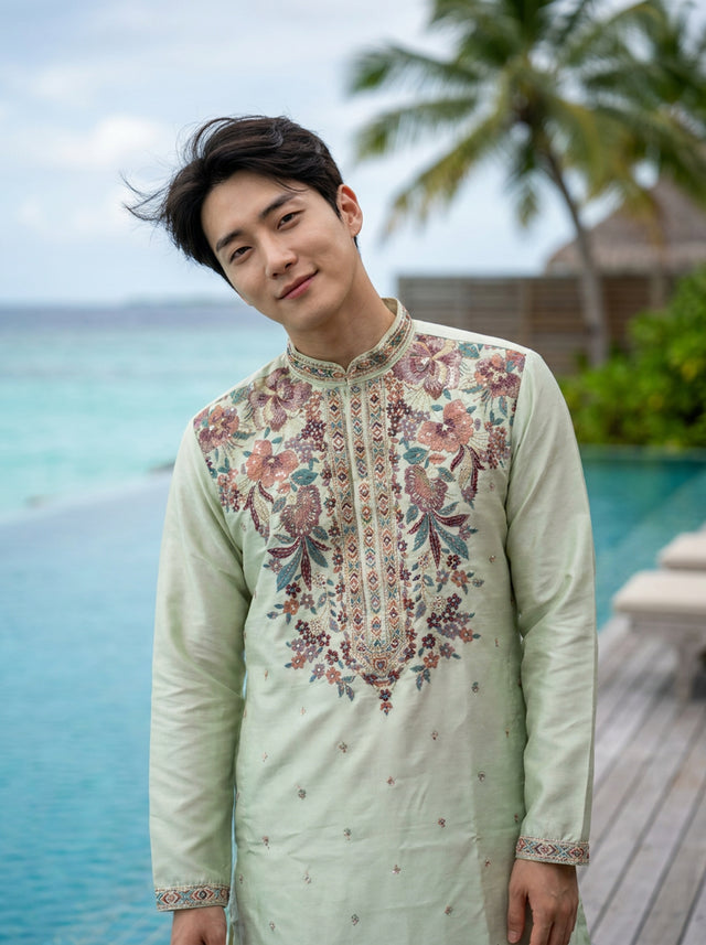 Men's Mint Green Art Silk Embroidered Festive Kurta