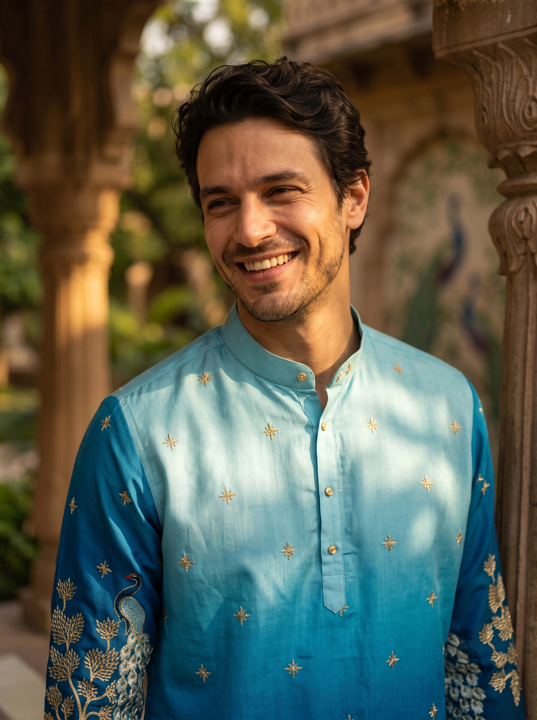 Men's Ombre Blue Peacock & Forest Embroidered Art Silk Kurta