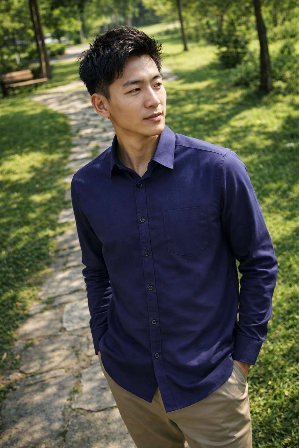Men's dark blue slim-fit casual shirt, product view