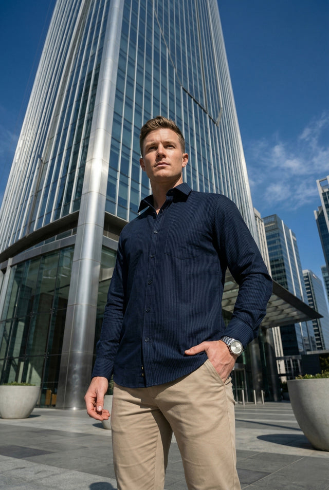 Men Navy Blue Textured Striped Slim Fit Casual Shirt