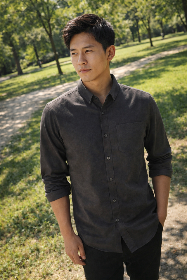 Men's charcoal slim-fit casual shirt, product view