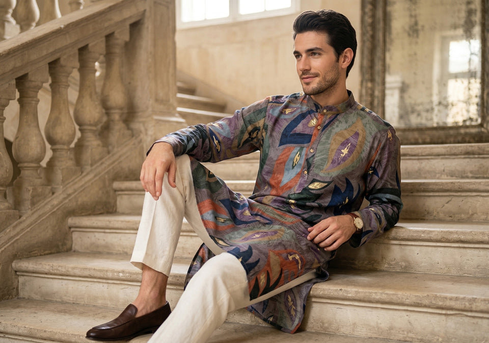 Men’s Grey Abstract Leaf Printed Kurta