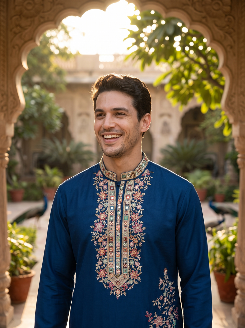 Men's Navy Floral Embroidered Art Silk Blend Kurta 10