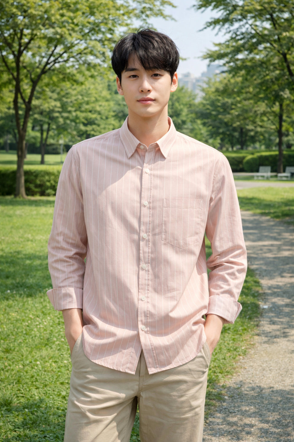 Mens Light Pink Striped Slim Fit Casual Shirt