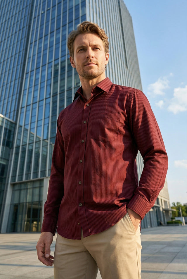 Men Burgundy Textured Striped Slim Fit Casual Shirt