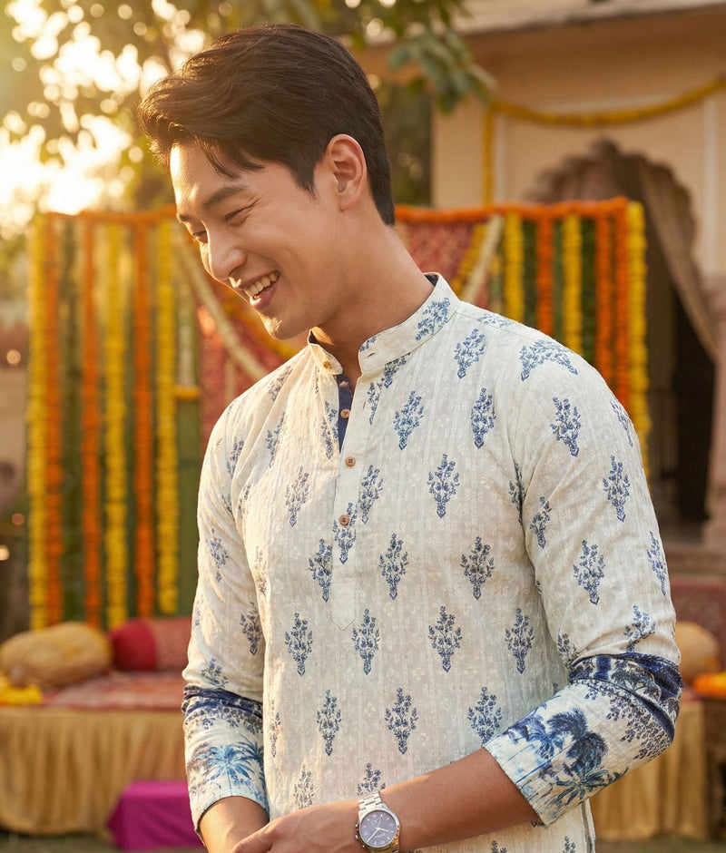 Men’s Cream & Blue Ethnic Motif Printed Kurta 4