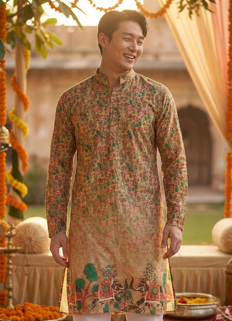Men’s Beige Village Motif Printed Kurta 3
