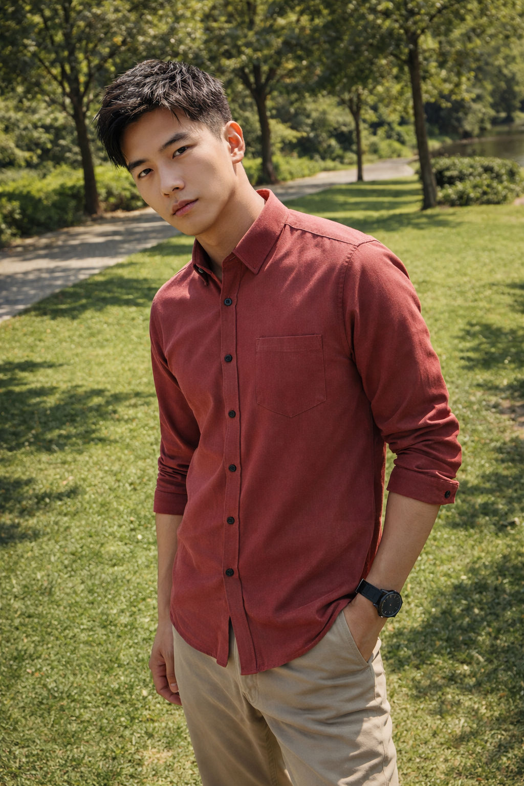 Men's rust red slim-fit casual shirt, product view