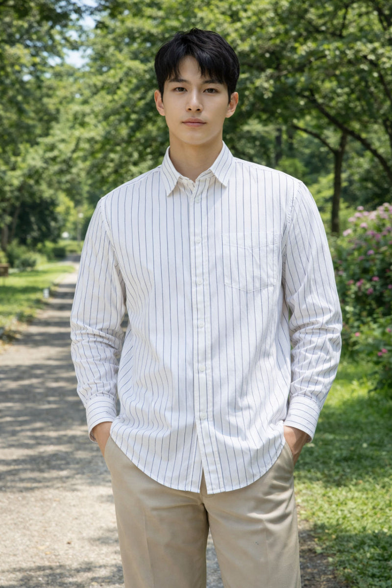Mens White Striped Slim Fit Casual Shirt 1