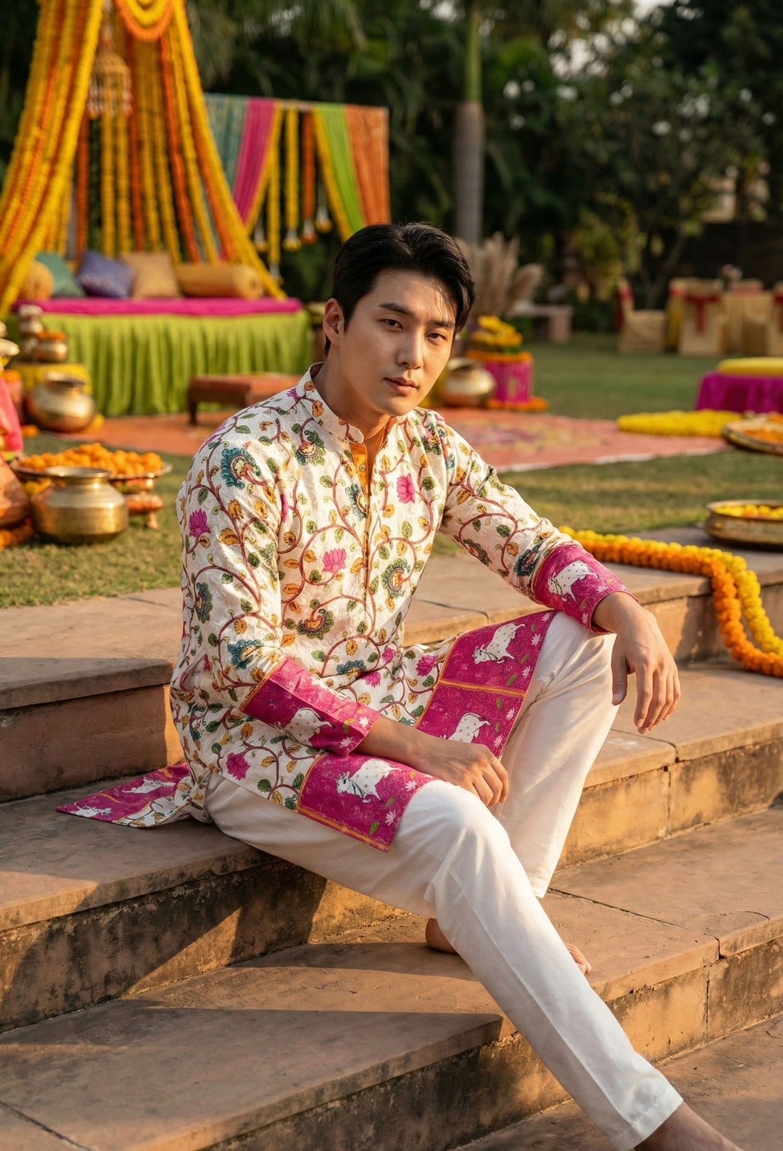 Men’s Off-White Floral Border Printed Kurta