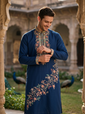 Men's Navy Floral Embroidered Art Silk Blend Kurta