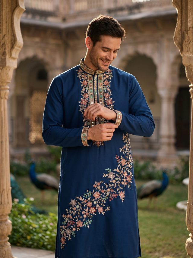 Men's Navy Floral Embroidered Art Silk Blend Kurta