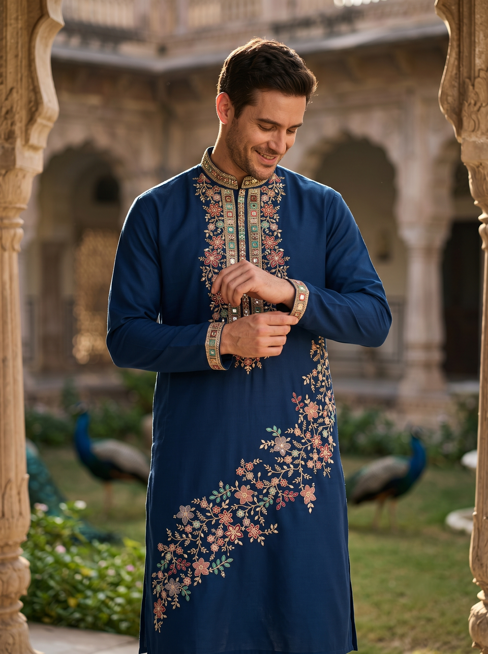 Men's Navy Floral Embroidered Art Silk Blend Kurta