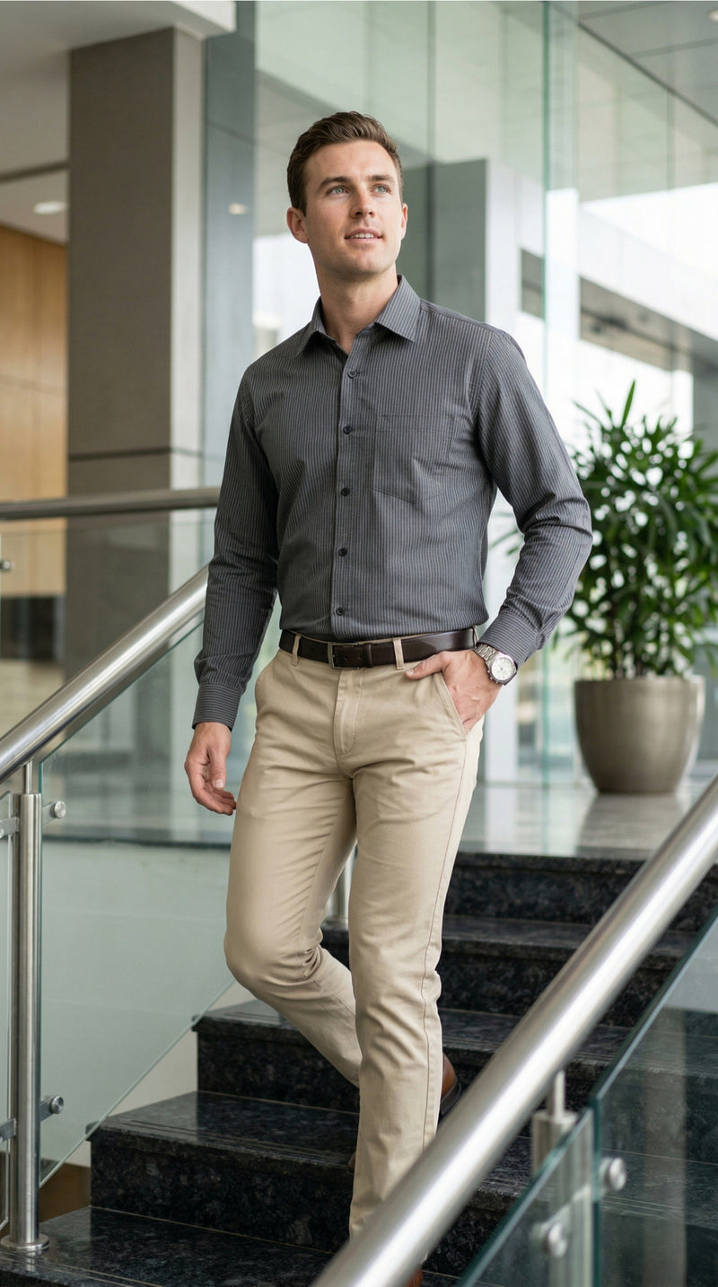 Men Grey Textured Striped Slim Fit Casual Shirt 5