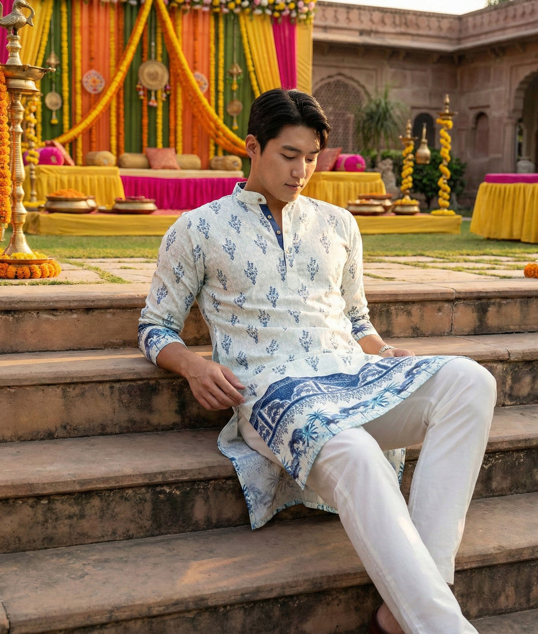 Men’s Cream & Blue Ethnic Motif Printed Kurta