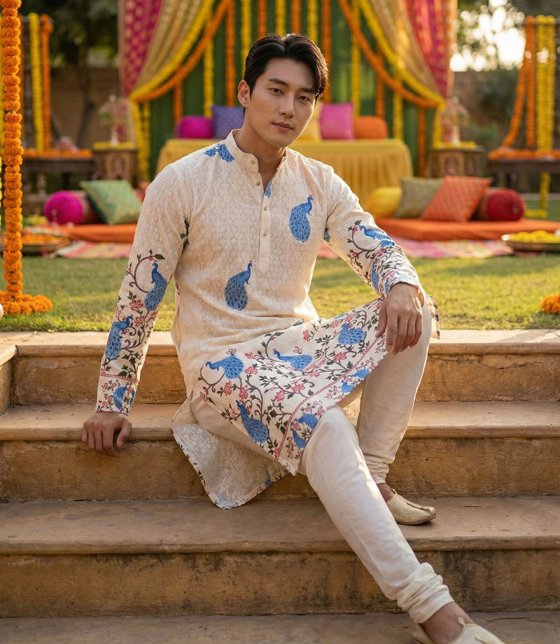 Men’s Cream Peacock Motif Printed Kurta 5