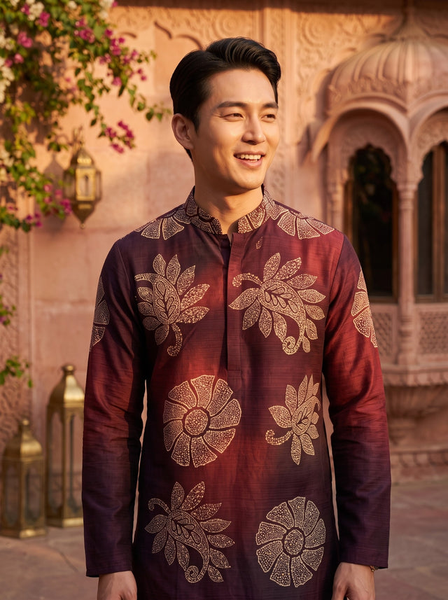 Men's Wine Maroon Beige Botanical Print Viscose Rayon Blend Kurta