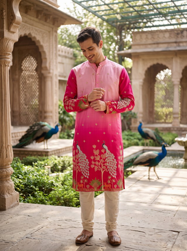 Men's Ombre Pink Peacock Embroidered Art Silk Kurta