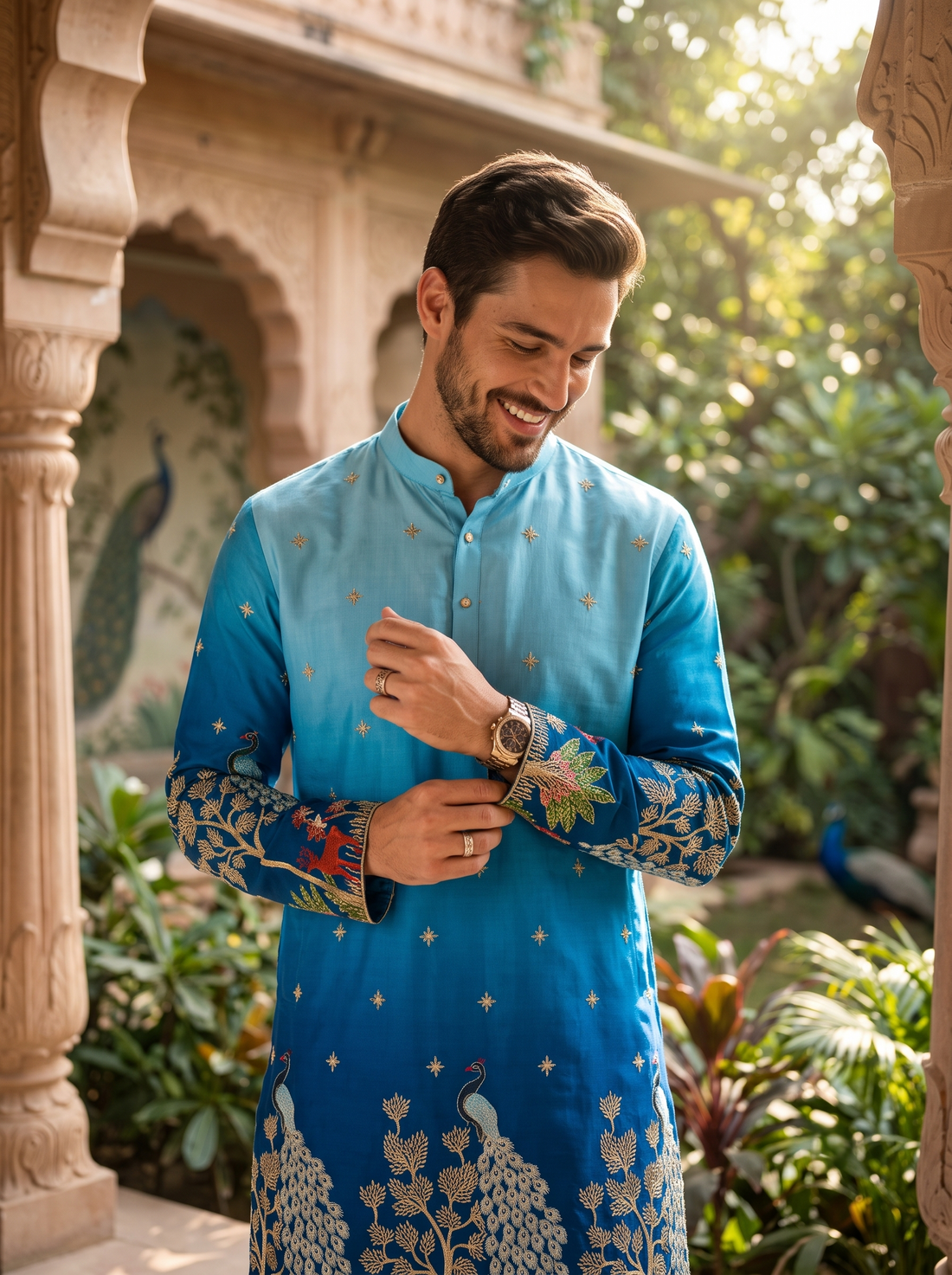 Men's Ombre Blue Peacock & Forest Embroidered Art Silk Kurta