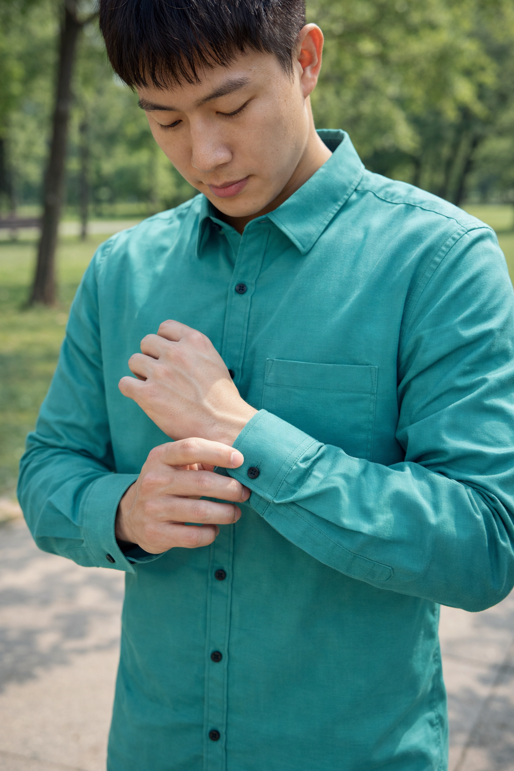 Men's teal green slim-fit casual shirt, product view