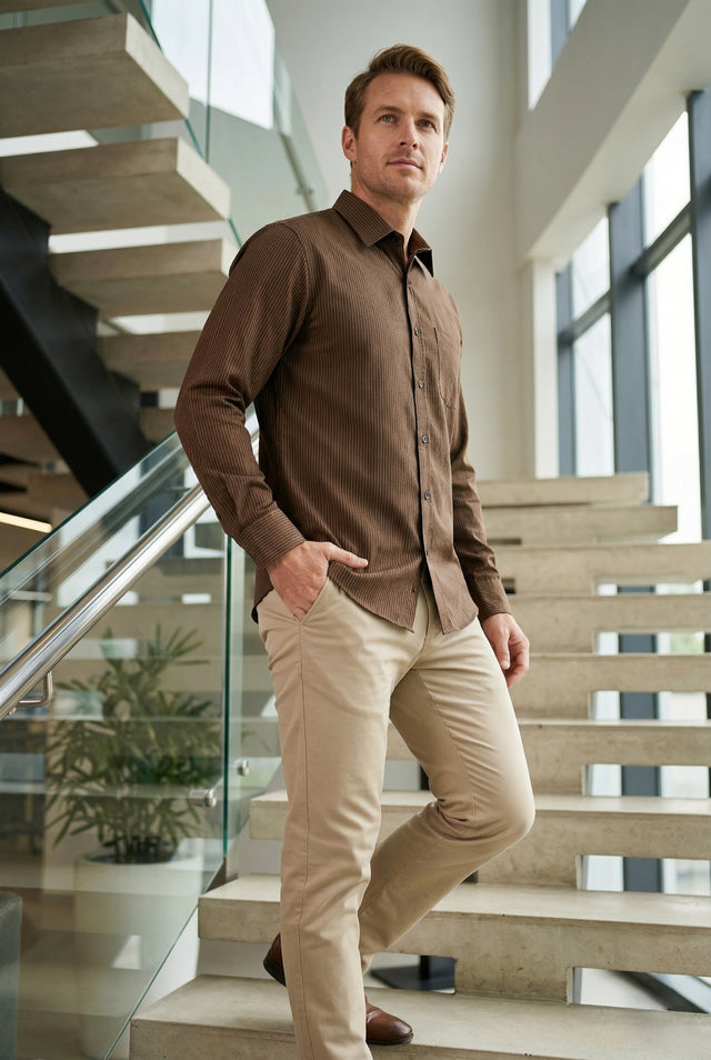 Men Dark Brown Textured Striped Slim Fit Casual Shirt